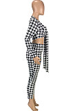 Pureple Casual Plaid Printing Long Sleeve Bandage Tops Pencil Pants Slim Fitting Sets SM9209-1