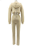 Dark Green Women Sexy Autumn Winter Drawsting Pure Color Crop Tops Pants Sets KZ2143-2