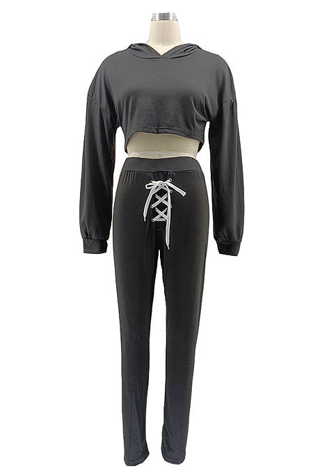 Khaki Women Sexy Autumn Winter Drawsting Pure Color Crop Tops Pants Sets KZ2143-3