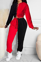 Red Women Bandage Eyelet Color Matching Spliced Pants Sets MDF5259-2
