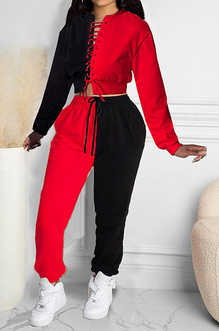 Dark Yellow Women Bandage Eyelet Color Matching Spliced Pants Sets MDF5259-4