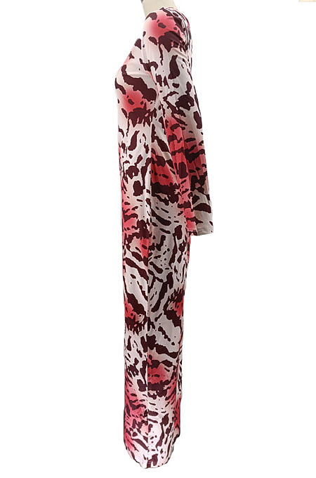 Black Women Round Collar Long Sleeve Printing Tight Sexy Loose Waist Long Dress KZ2142-3