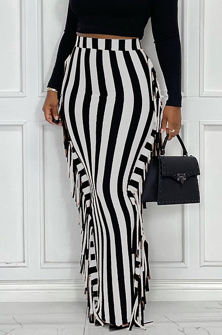 White Euramerican Women Stripe Printing Tassel Pencil Skirts AL188-1