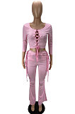 Yellow Fashion Club Eyelet Bandage Long Sleeve Dew Waist Tops Mid Waist Flare Pants Solid Color Sets MLL177-3