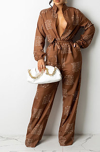 Coffee Autumn Winter Digital Printing Long Sleeve Cardigan Shirts With Beltband Wide Leg Jumpsuits ARM8309-1
