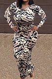 Red Women Round Collar Long Sleeve Printing Tight Sexy Loose Waist Long Dress KZ2142-1