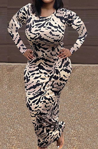 Red Women Round Collar Long Sleeve Printing Tight Sexy Loose Waist Long Dress KZ2142-1