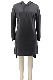 Orange Autumn Winter Lady Loose Long Sleeve Solid Color Round Collar Irregular Mini Dress KZ2140-1