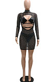 Black Women Sexy Round Collar Long Sleeve Hollow Out Perspectivity Hot Drilling Skinny Mini Dress CCY9229-1