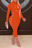Rose Red Women Hollow Out Solid Color Roudn Collar Mid Waist Long Sleeve Midi Dress JR3658-4