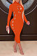 Orange Women Hollow Out Solid Color Roudn Collar Mid Waist Long Sleeve Midi Dress JR3658-2