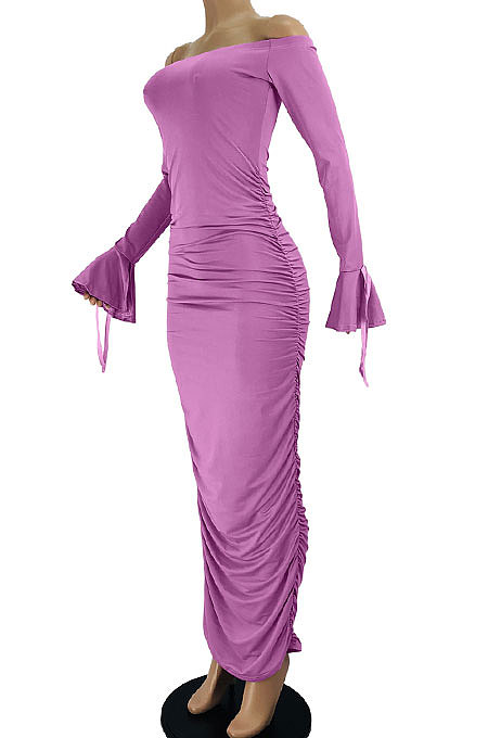 Purple Women Horn Sleeve  A Word Shoulder Pure Color Shirred Detail Long Dress JZH8088