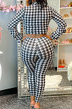 Pureple Casual Plaid Printing Long Sleeve Bandage Tops Pencil Pants Slim Fitting Sets SM9209-1