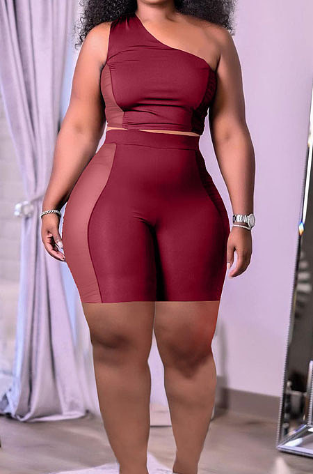 Wine Red Sexy Oblique Shoulder Mesh Spliced Tops Shorts Solid Color Two-Piece HT6073-2