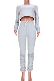Pink Women Long Sleeve Round Collar Pure Color Crop Ruffle Pants Sets MDF5260-1
