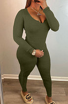 Dark Green Simple Ribber Long Sleeve V Neck Tops Pencil Pants Solid Color Sets HT6075-3