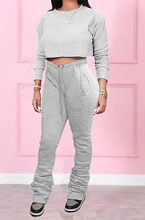 Gray Women Long Sleeve Round Collar Pure Color Crop Ruffle Pants Sets MDF5260-2