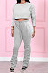 Gray Women Long Sleeve Round Collar Pure Color Crop Ruffle Pants Sets MDF5260-2
