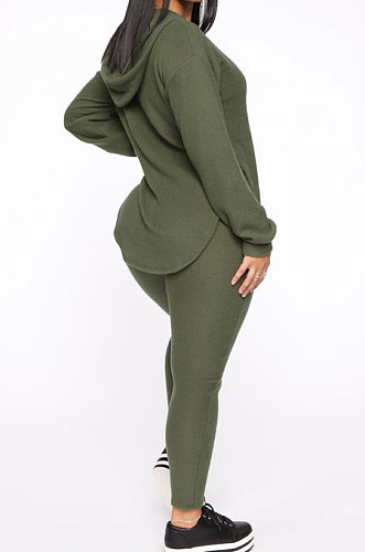Drak Green Cotton Blend Casual Long Sleeve Slit Hoodie Pencil Pants Slim Fitting Sets HH8942-3