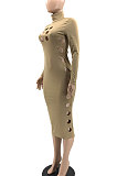 Rose Red Women Hollow Out Solid Color Roudn Collar Mid Waist Long Sleeve Midi Dress JR3658-4