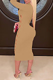 Rose Red Women Hollow Out Solid Color Roudn Collar Mid Waist Long Sleeve Midi Dress JR3658-4