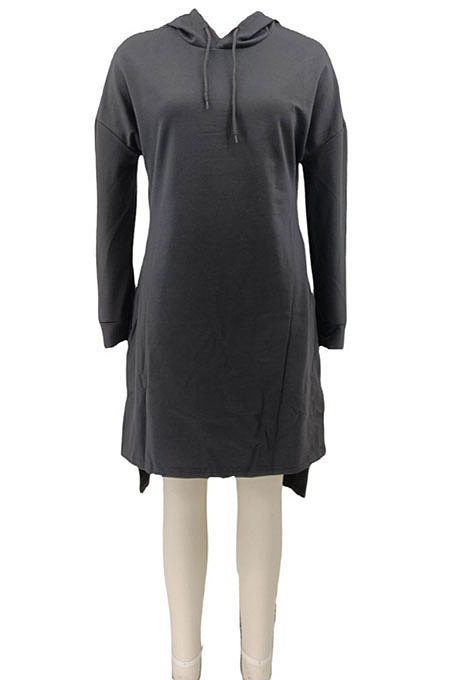 Gray Autumn Winter Lady Loose Long Sleeve Solid Color Round Collar Irregular Mini Dress KZ2140-2