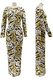 Red Women Round Collar Long Sleeve Printing Tight Sexy Loose Waist Long Dress KZ2142-1