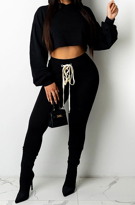 Khaki Women Sexy Autumn Winter Drawsting Pure Color Crop Tops Pants Sets KZ2143-3