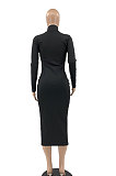 Rose Red Women Hollow Out Solid Color Roudn Collar Mid Waist Long Sleeve Midi Dress JR3658-4