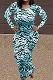 Black Women Round Collar Long Sleeve Printing Tight Sexy Loose Waist Long Dress KZ2142-3