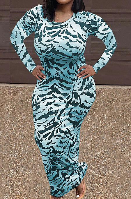 Black Women Round Collar Long Sleeve Printing Tight Sexy Loose Waist Long Dress KZ2142-3