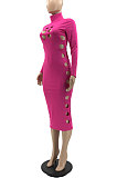 Rose Red Women Hollow Out Solid Color Roudn Collar Mid Waist Long Sleeve Midi Dress JR3658-4