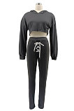 Black Women Sexy Autumn Winter Drawsting Pure Color Crop Tops Pants Sets KZ2143-1