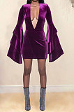 Dark Purple Women Deep V Collar Mink Cashmere Horn Sleeve Mid Waist Zipper Romper Shorts MDF5261