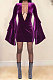 Dark Purple Women Deep V Collar Mink Cashmere Horn Sleeve Mid Waist Zipper Romper Shorts MDF5261