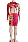 Red Women Sexy Bandage Hollow Out Printing Bodycon Crop Mini Dress KA7206
