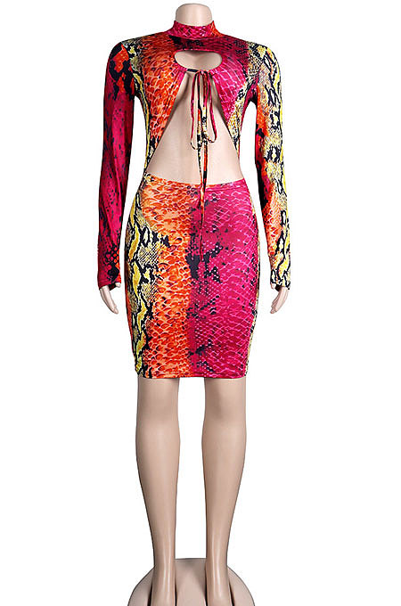 Red Women Sexy Bandage Hollow Out Printing Bodycon Crop Mini Dress KA7206