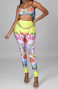 Pink Sexy Women Fashion Printing Tight Condole Belt Skinny Backless Long Pants Sets CCY9198-2