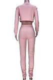 Gray Women Long Sleeve Round Collar Pure Color Crop Ruffle Pants Sets MDF5260-2