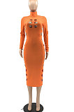 Rose Red Women Hollow Out Solid Color Roudn Collar Mid Waist Long Sleeve Midi Dress JR3658-4