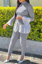 Gray Women Casual Long Sleeve Spliced Puff Sleeve Ruffle Pants Sets JZH8089