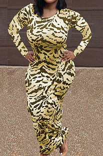 Yellow Women Round Collar Long Sleeve Printing Tight Sexy Loose Waist Long Dress KZ2142-2
