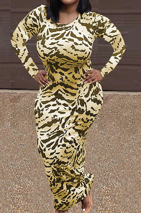 Yellow Women Round Collar Long Sleeve Printing Tight Sexy Loose Waist Long Dress KZ2142-2