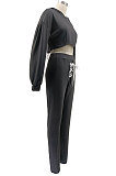 Black Women Sexy Autumn Winter Drawsting Pure Color Crop Tops Pants Sets KZ2143-1
