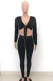 Black Euramerican Pure Color Long Sleeve Bandage Cardigan Strapless Bodycon Pants Sets HT6076-1