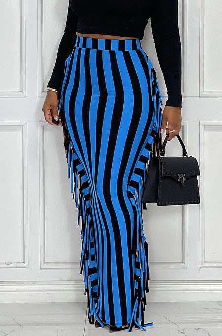 Blue Euramerican Women Stripe Printing Tassel Pencil Skirts AL188-4