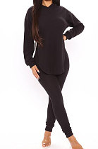 Black Cotton Blend Casual Long Sleeve Slit Hoodie Pencil Pants Slim Fitting Sets HH8942-1