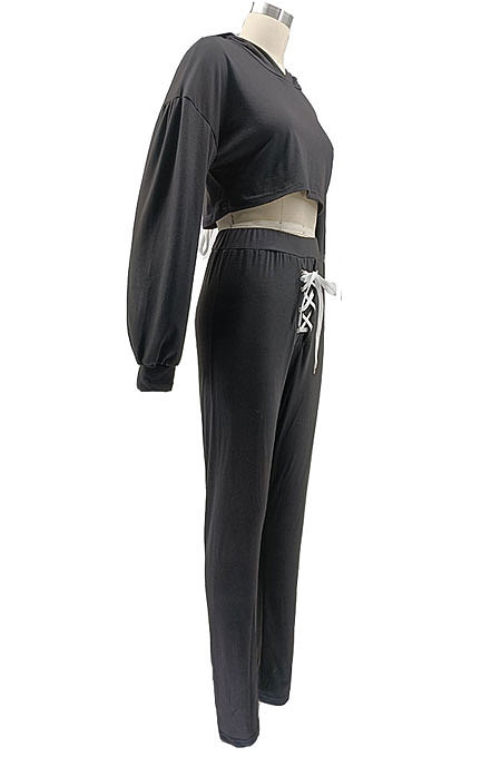 Khaki Women Sexy Autumn Winter Drawsting Pure Color Crop Tops Pants Sets KZ2143-3