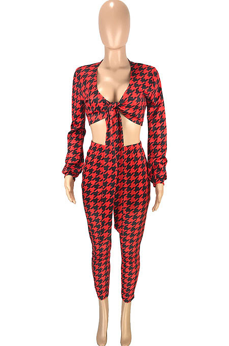 White Casual Plaid Printing Long Sleeve Bandage Tops Pencil Pants Slim Fitting Sets SM9209-3