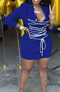 Blue Modest Wholesale Long Sleeve Lapel Neck Bandage Suits Jacket Dress HH8986-3